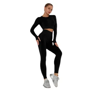 European and American Pleated Seamless Yoga Suit Women's High Waist Slimming and Tight Sports Long Sleeve Fitness Yoga Pants Two-Piece Suit