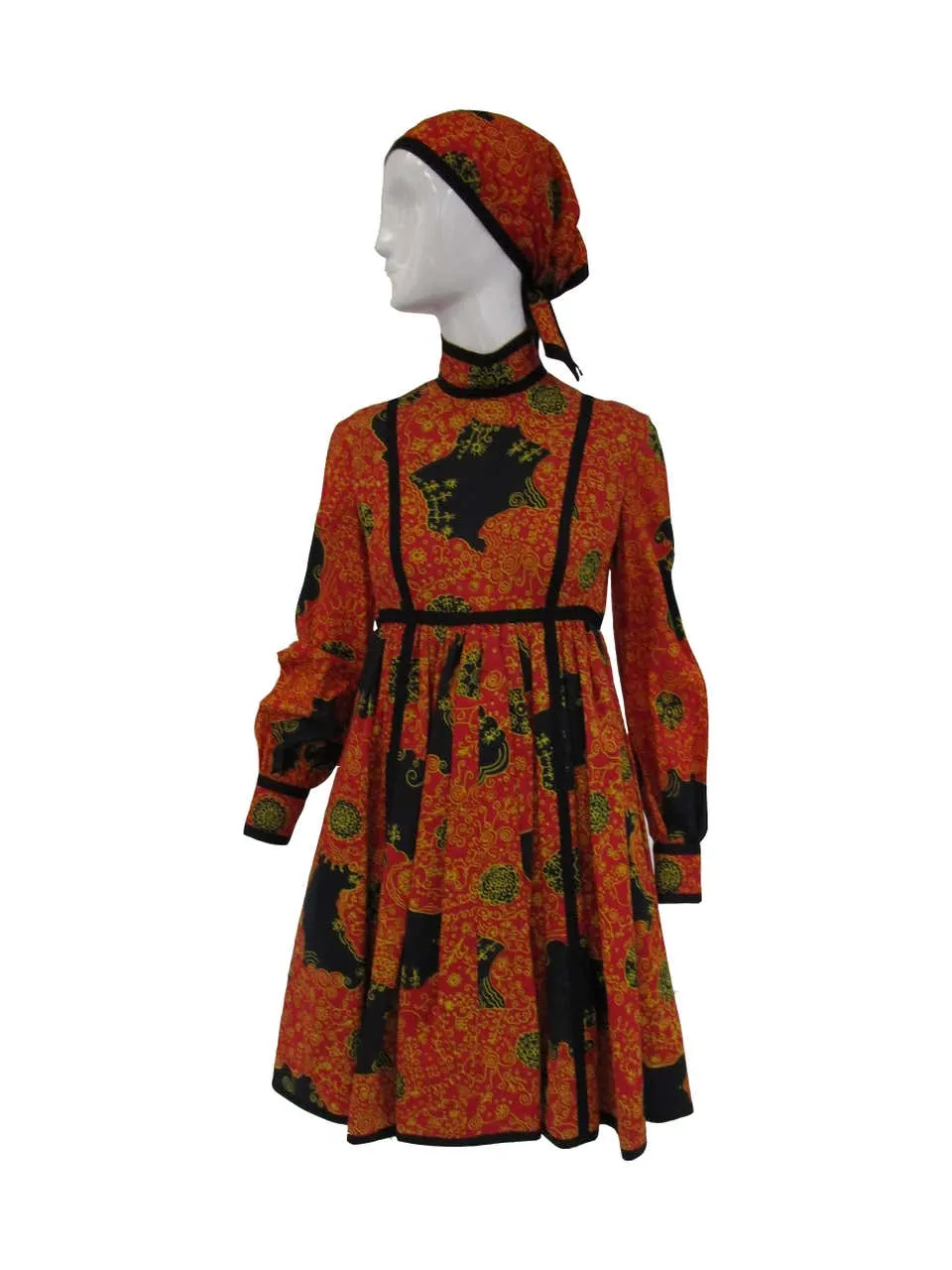 1960s Geoffrey Beene Decorative Printed Maxi Dress w Head Scarf