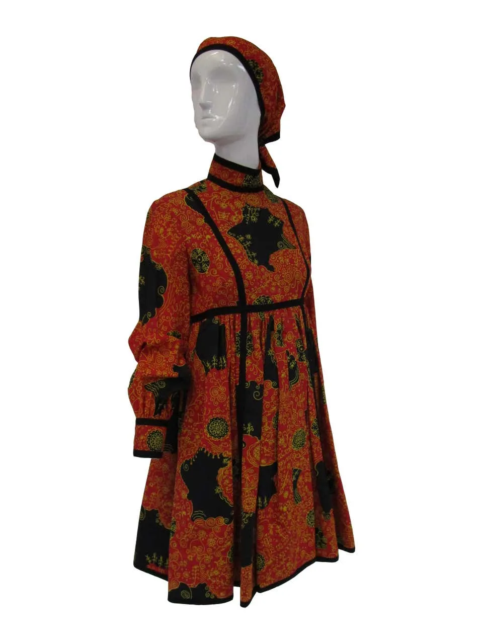 1960s Geoffrey Beene Decorative Printed Maxi Dress w Head Scarf