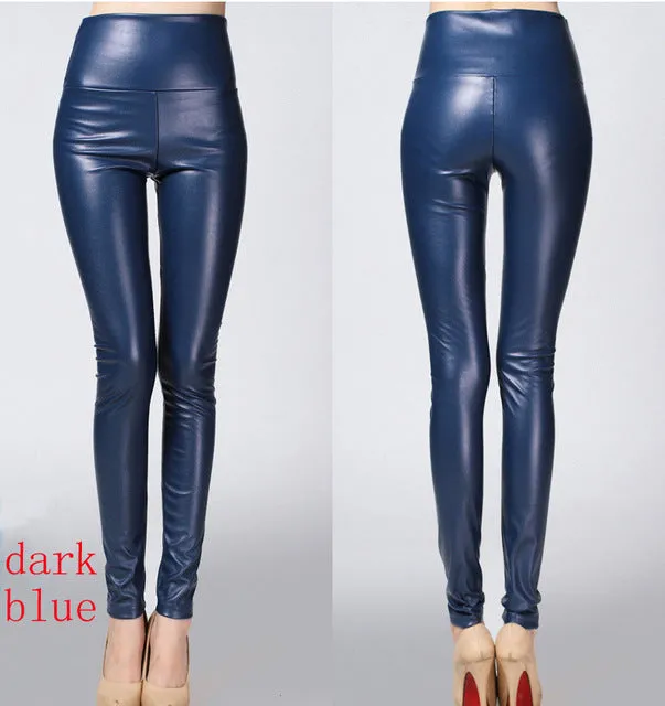 2016 Thicken Winter PU Leather women pants high waist elastic fleece stretch Slim woman pencil pants skinny trousers 25 colors