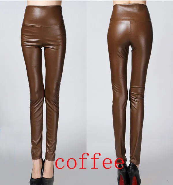 2016 Thicken Winter PU Leather women pants high waist elastic fleece stretch Slim woman pencil pants skinny trousers 25 colors