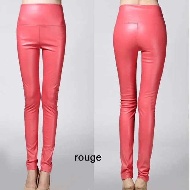 2016 Thicken Winter PU Leather women pants high waist elastic fleece stretch Slim woman pencil pants skinny trousers 25 colors