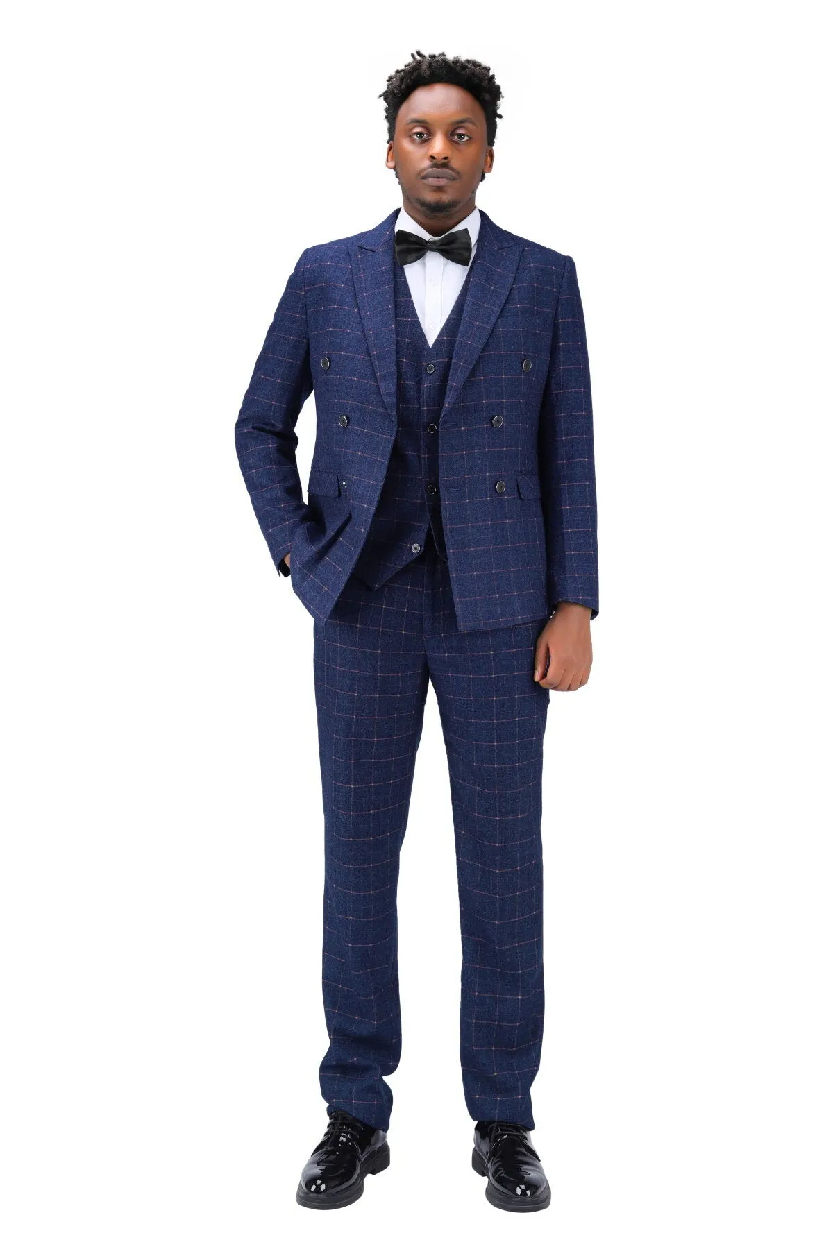 3-Piece Slim Fit Double Breasted Suit Plaid Blue Suit