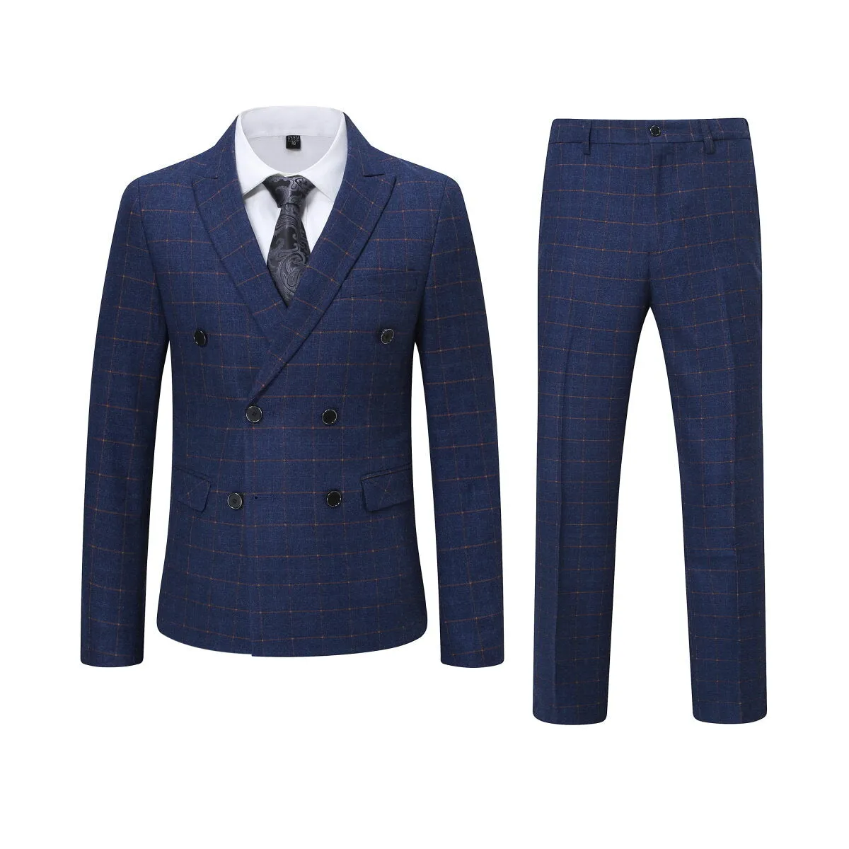 3-Piece Slim Fit Double Breasted Suit Plaid Blue Suit