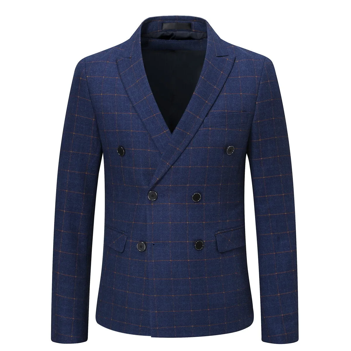 3-Piece Slim Fit Double Breasted Suit Plaid Blue Suit