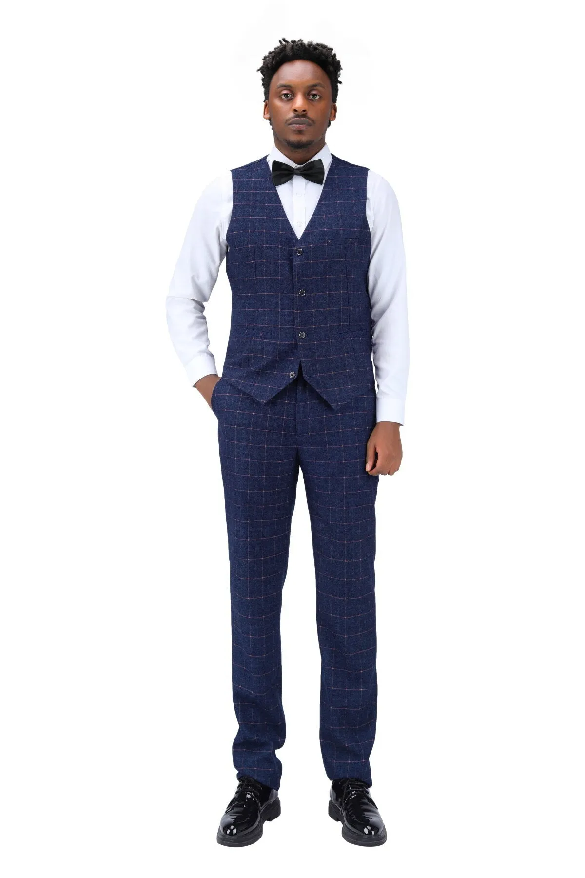 3-Piece Slim Fit Double Breasted Suit Plaid Blue Suit