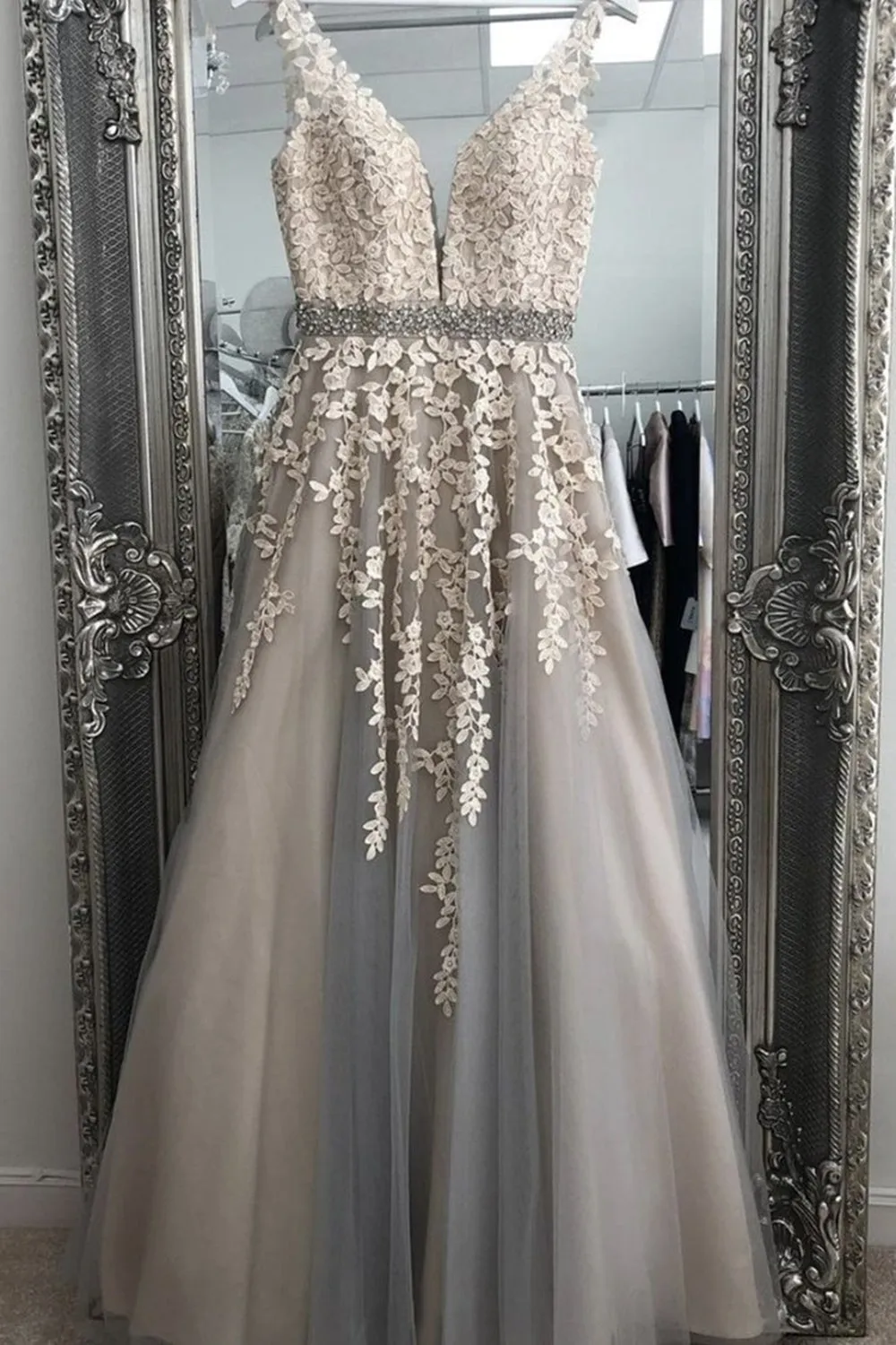 A Line V Neck Gray Lace Long Prom Dress with Belt, Gray Lace Floral Formal Dress, Gray Lace Evening Dress