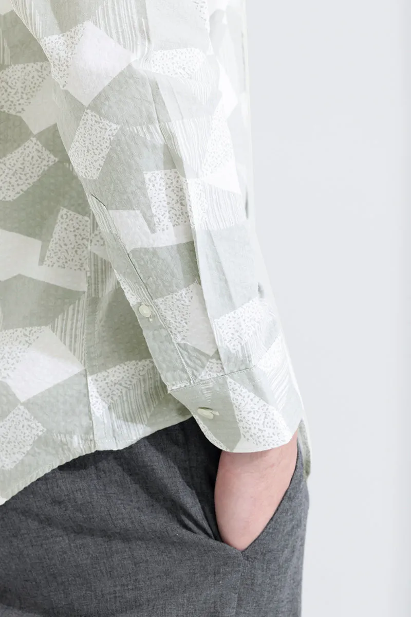 Abstract Patch Green Seersucker Shirt