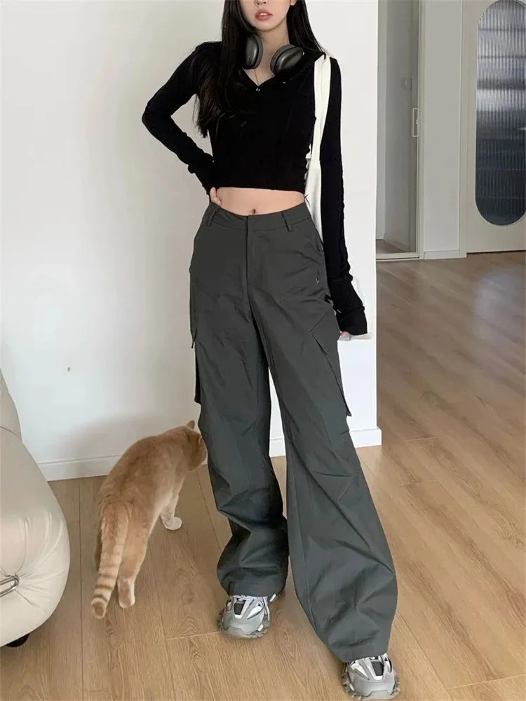 Advbridge  American Women's High Waisted Straight Grey Pants Summer High Street Loose Versatile Casual Wide Leg Mop Pants Female