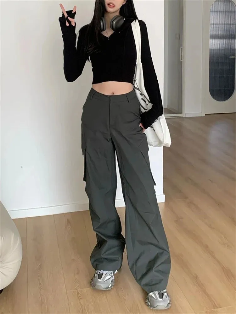 Advbridge  American Women's High Waisted Straight Grey Pants Summer High Street Loose Versatile Casual Wide Leg Mop Pants Female