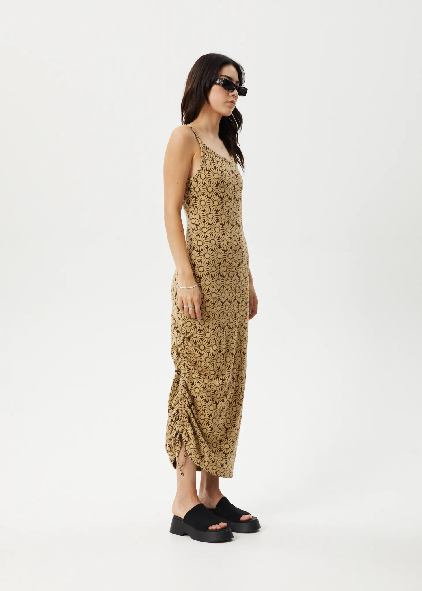 AFENDS Womens Daisy - Gathered Floral Maxi Dress - Toffee