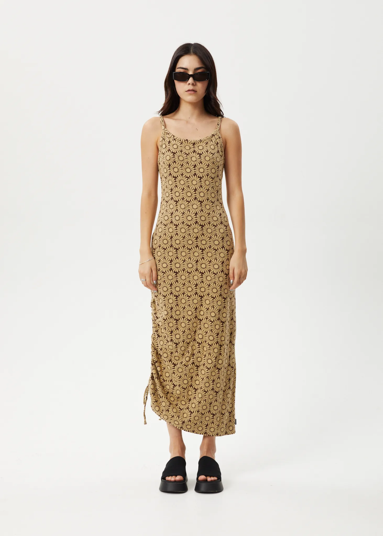 AFENDS Womens Daisy - Gathered Floral Maxi Dress - Toffee