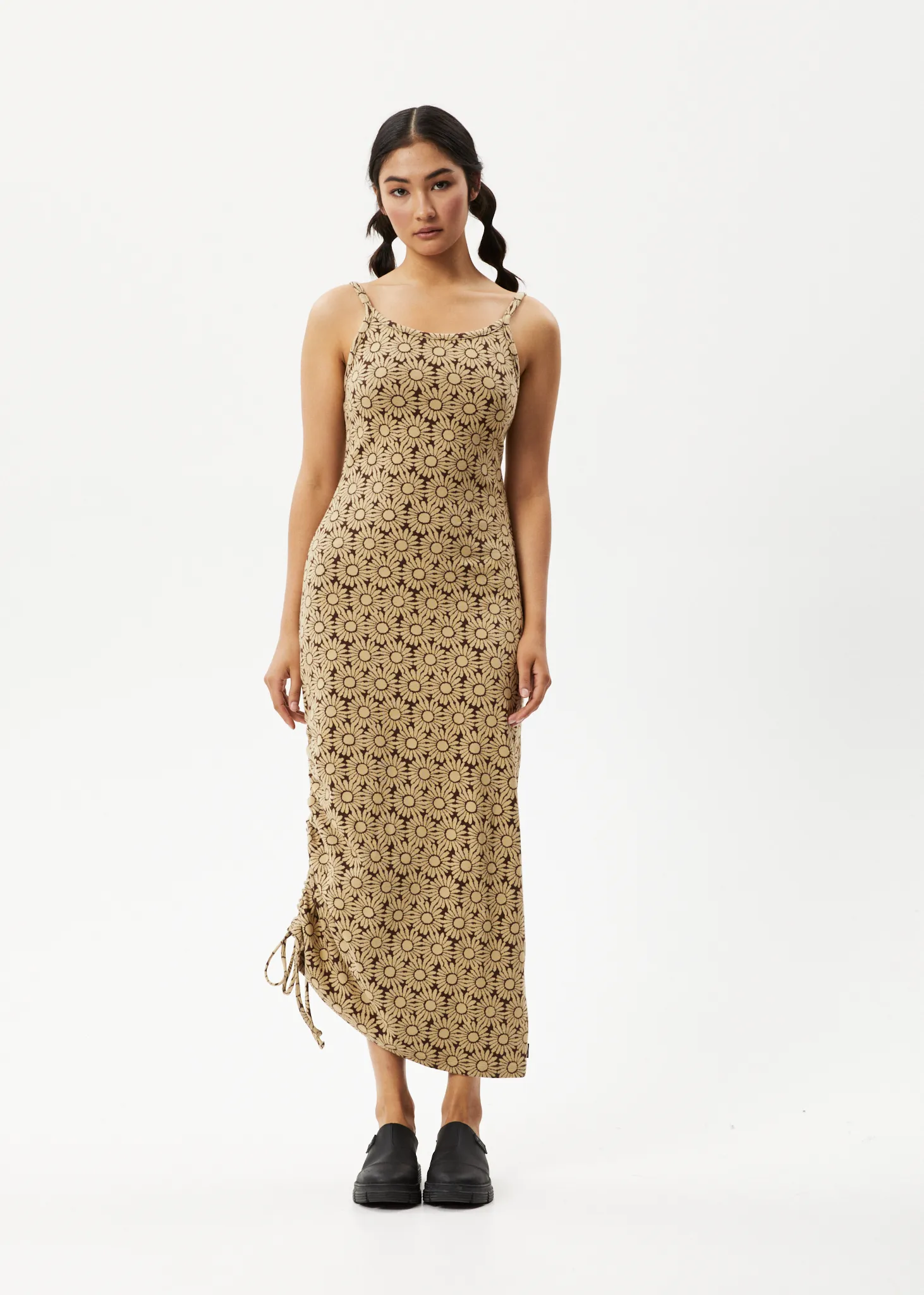 AFENDS Womens Daisy - Gathered Floral Maxi Dress - Toffee