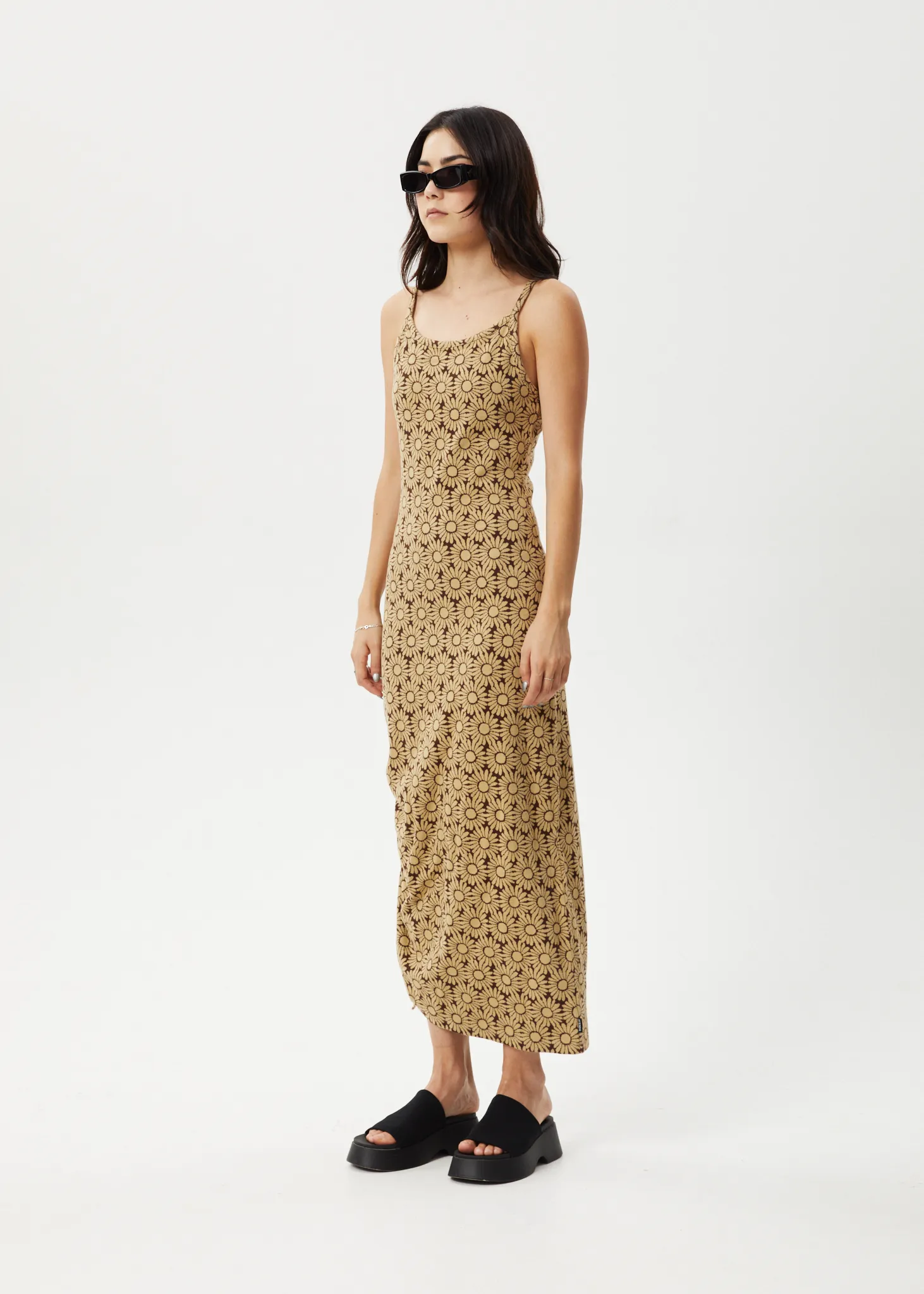 AFENDS Womens Daisy - Gathered Floral Maxi Dress - Toffee