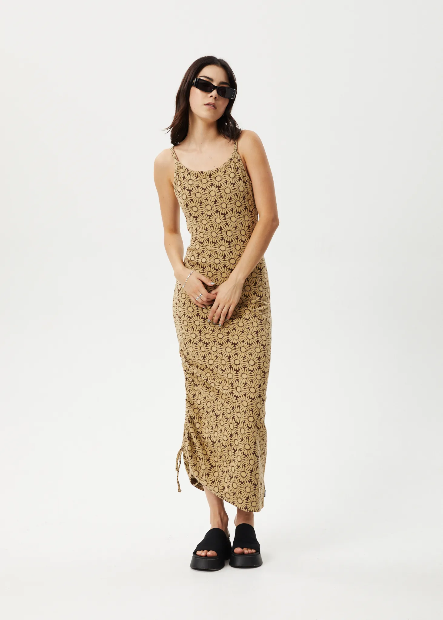 AFENDS Womens Daisy - Gathered Floral Maxi Dress - Toffee