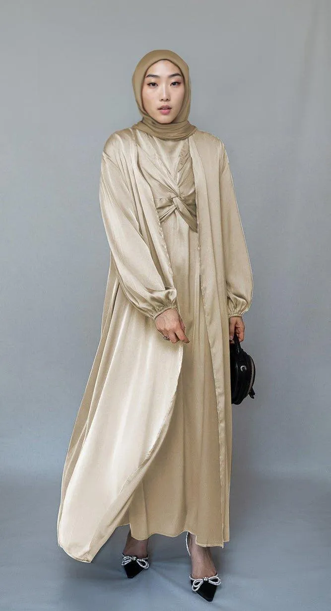 Aigerim 2 piece luxury 2 piece abaya with wrap bodice in beige