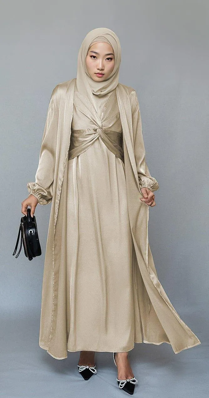 Aigerim 2 piece luxury 2 piece abaya with wrap bodice in beige