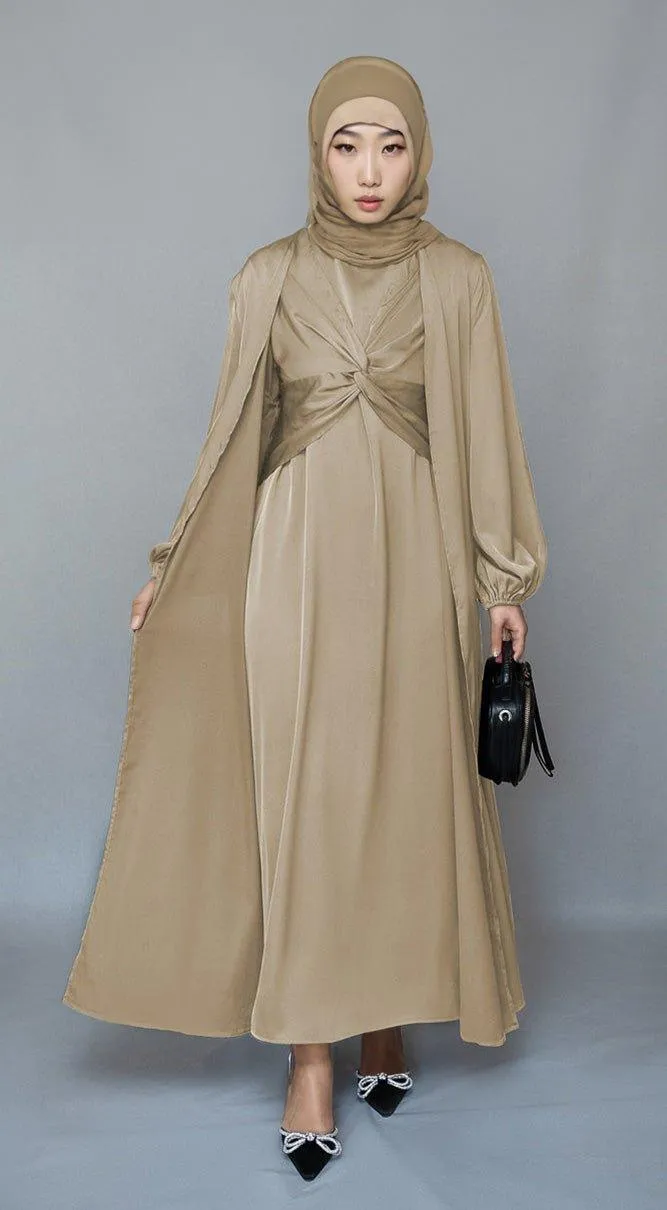 Aigerim 2 piece luxury 2 piece abaya with wrap bodice in beige