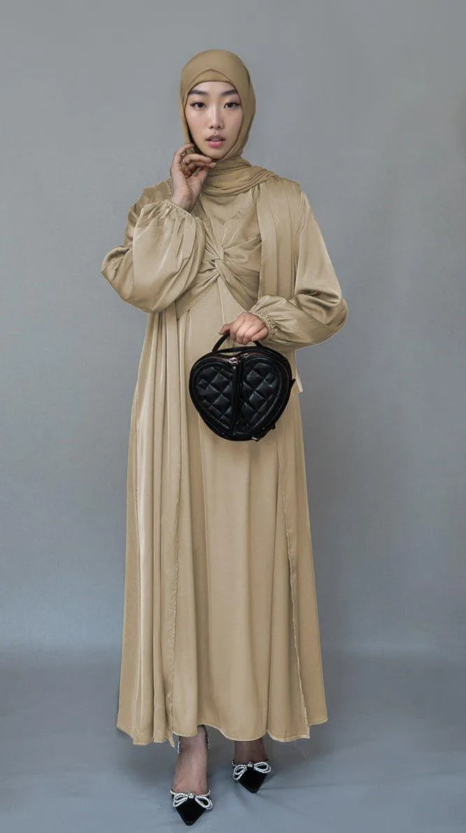 Aigerim 2 piece luxury 2 piece abaya with wrap bodice in beige