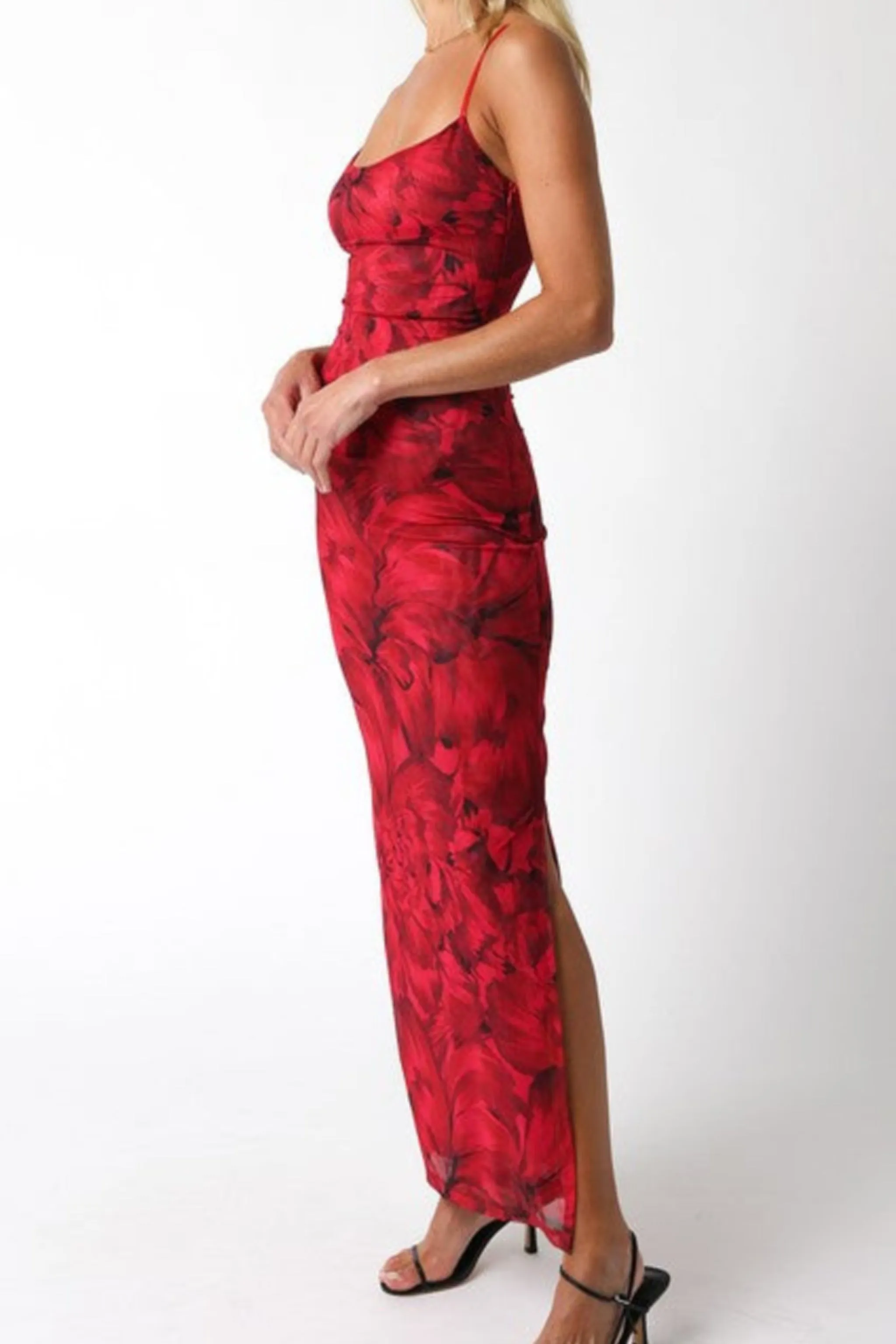 Aimee Sleeveless Floral Print Maxi Dress Red