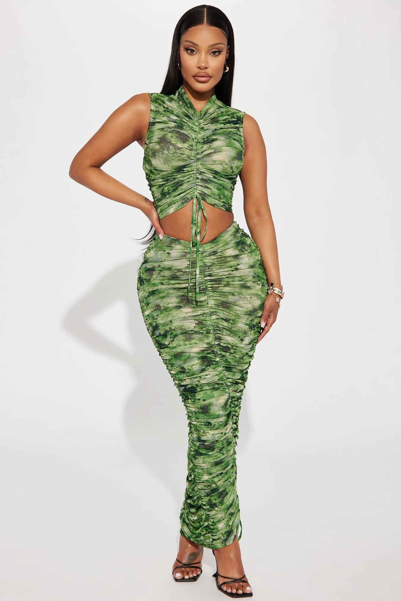 Akara Mesh Skirt Set - Green/combo