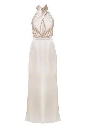 ALIUR CHAMPAGNE HALTER NECK EVENING DRESS