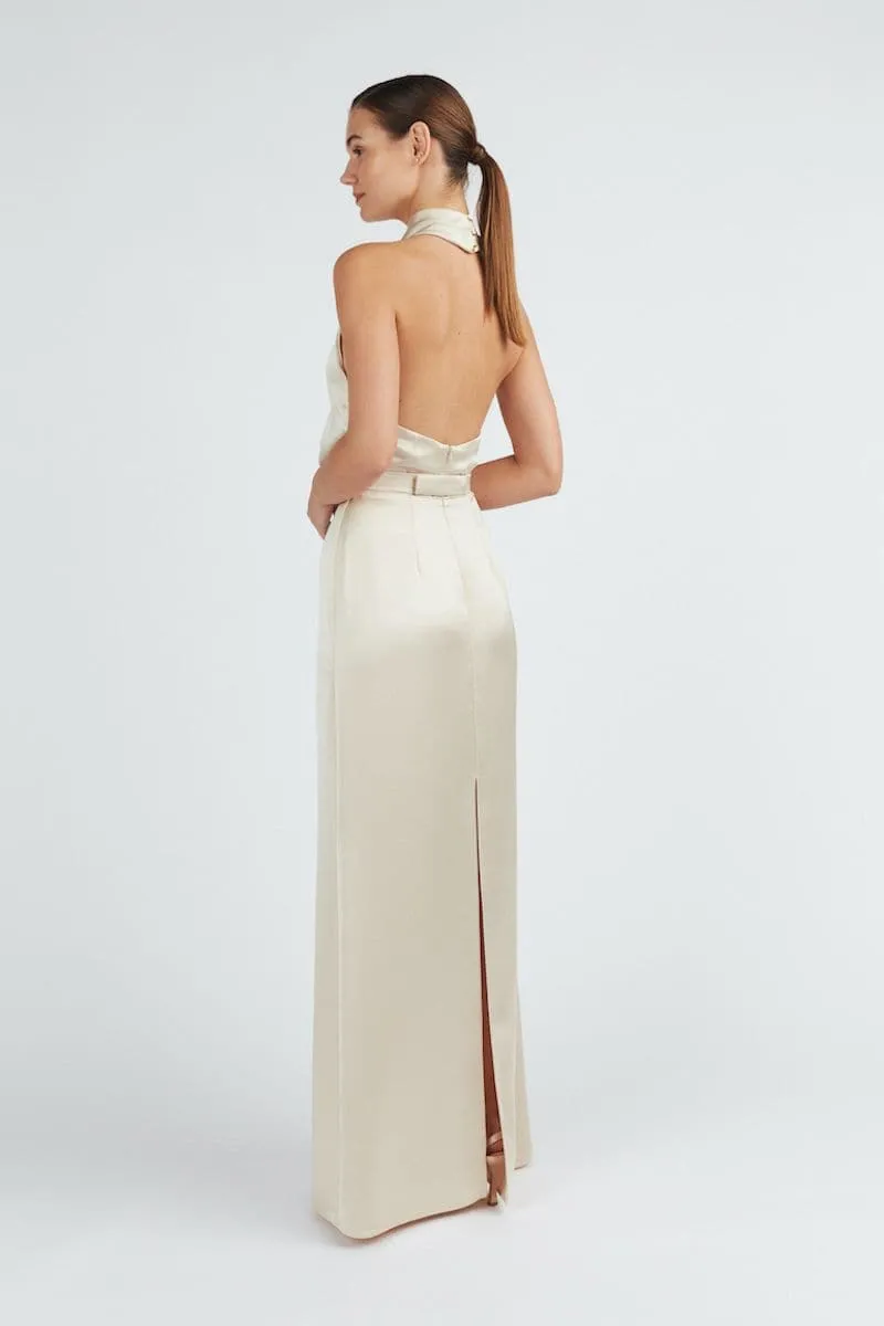 ALIUR CHAMPAGNE HALTER NECK EVENING DRESS