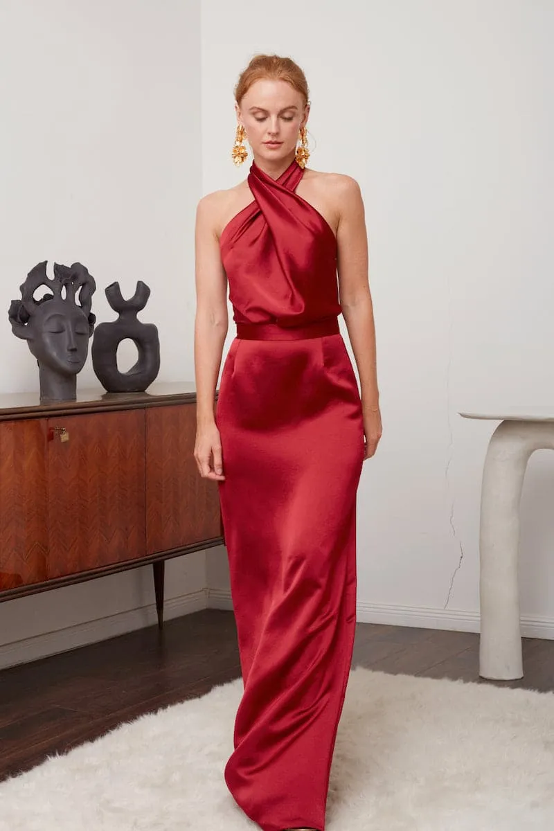 ALIUR DEEP RED HALTER NECK EVENING DRESS