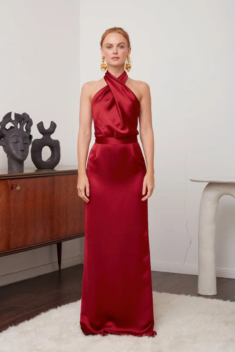 ALIUR DEEP RED HALTER NECK EVENING DRESS