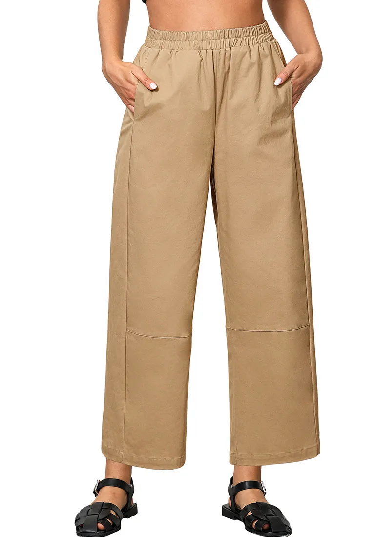 Almond Women Pant Full Length Elastic Waist Lounge barral side pocket