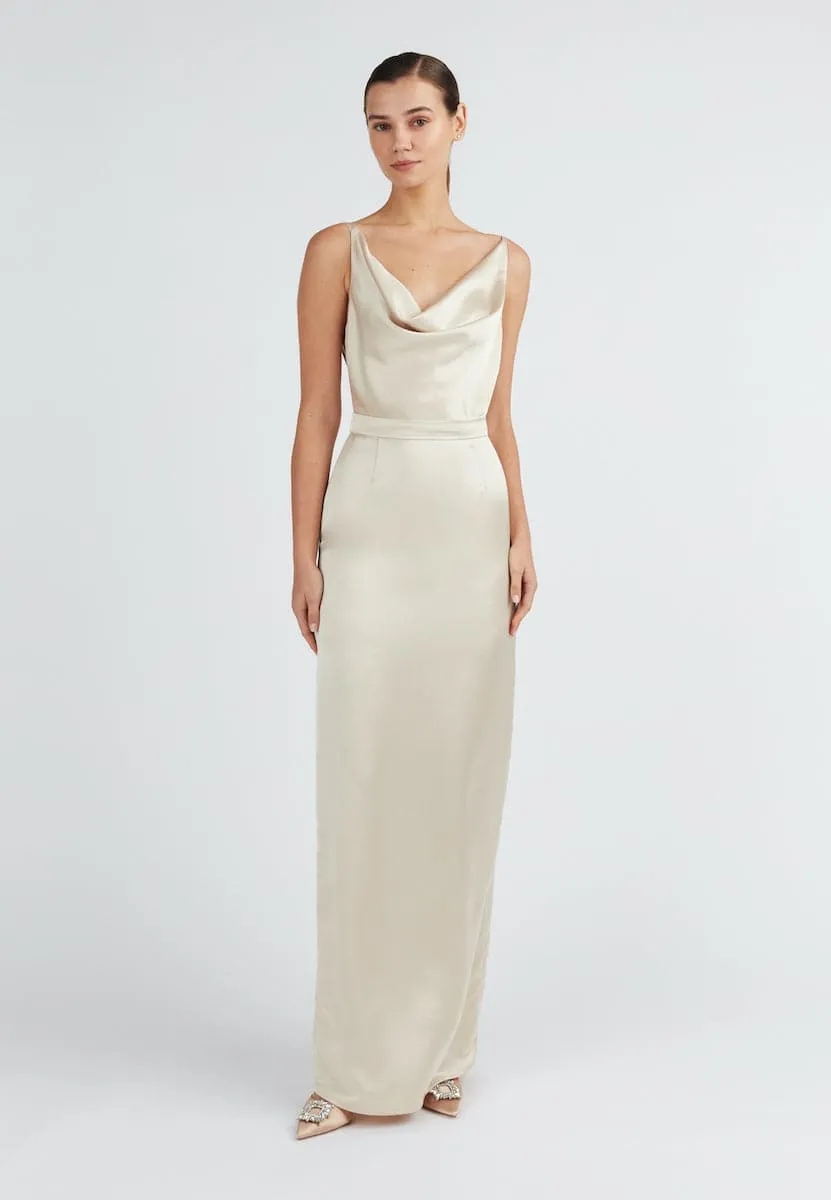 AMILA BEIGE SATIN BACKLESS MAXI DRESS