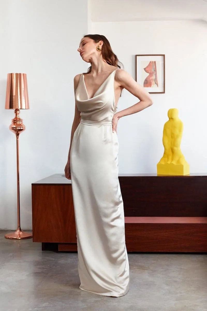 AMILA BEIGE SATIN BACKLESS MAXI DRESS