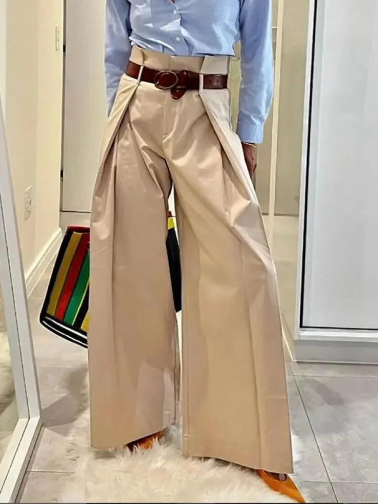 Amozae-2024 New Urban High Waist Folded Wide Leg Office Trousers For Women Spring Summer Solid Color Loose Casual Pants