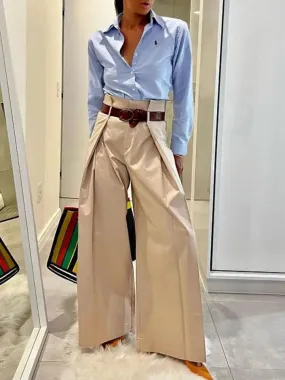 Amozae-2024 New Urban High Waist Folded Wide Leg Office Trousers For Women Spring Summer Solid Color Loose Casual Pants