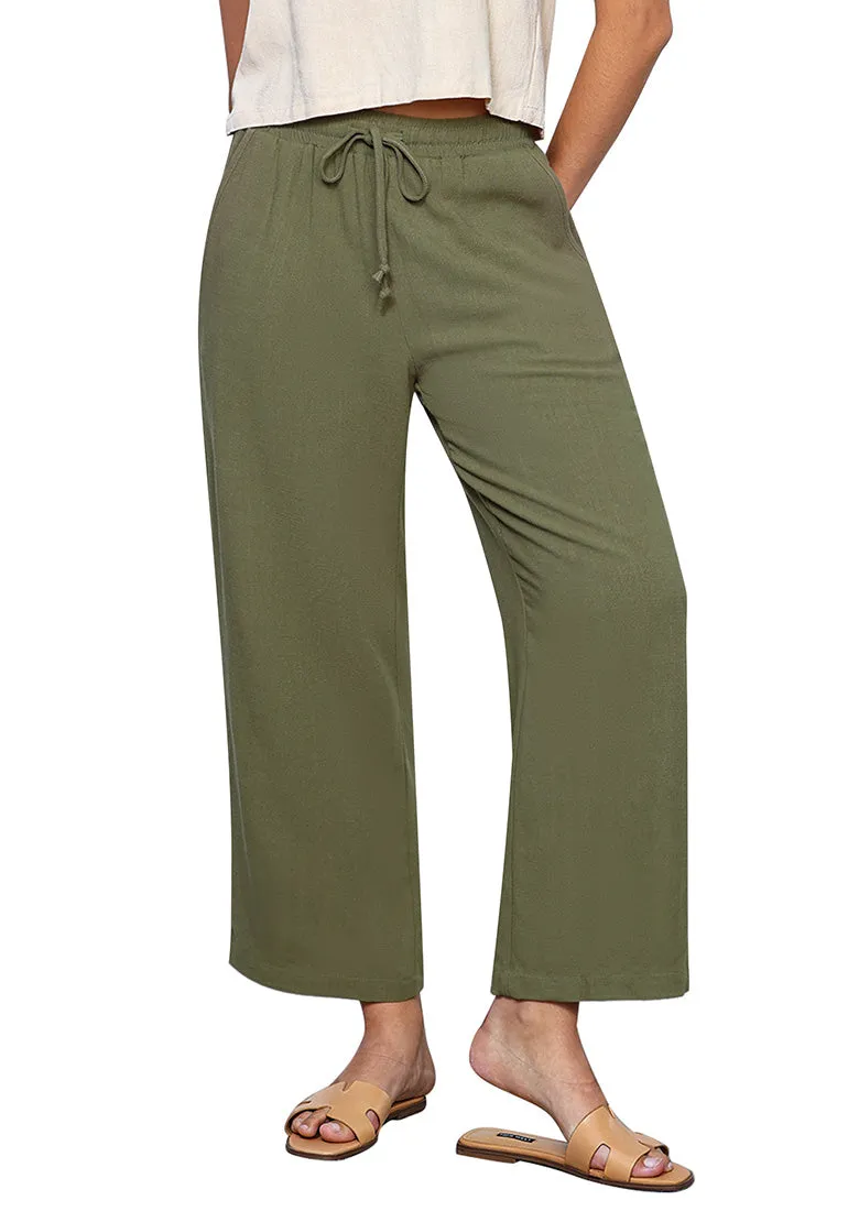 Army Green Women's Brief High Waist Trousers Elastic Waist Wide Leg Pants