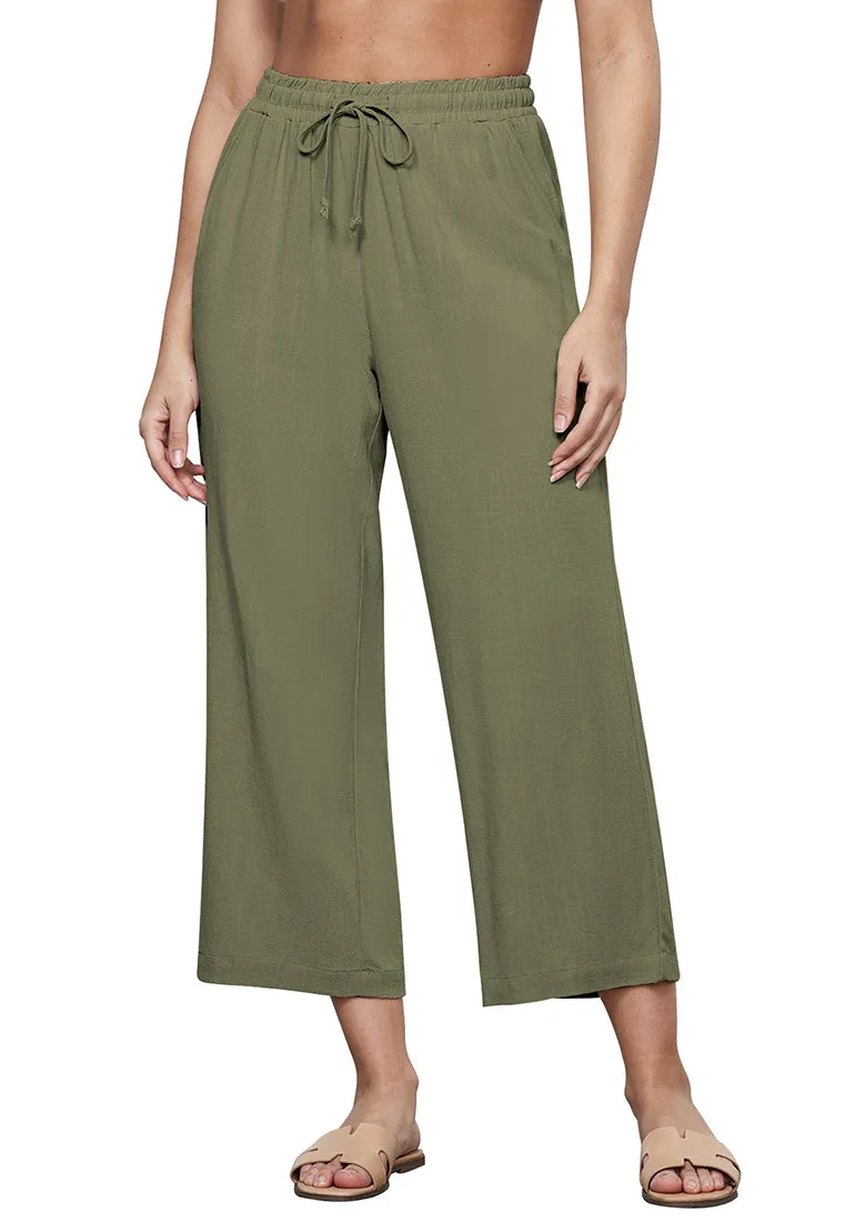 Army Green Women's Brief High Waist Trousers Elastic Waist Wide Leg Pants