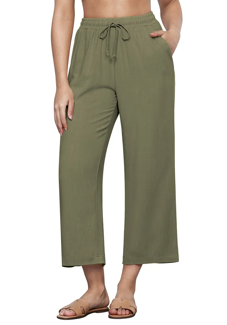 Army Green Women's Brief High Waist Trousers Elastic Waist Wide Leg Pants