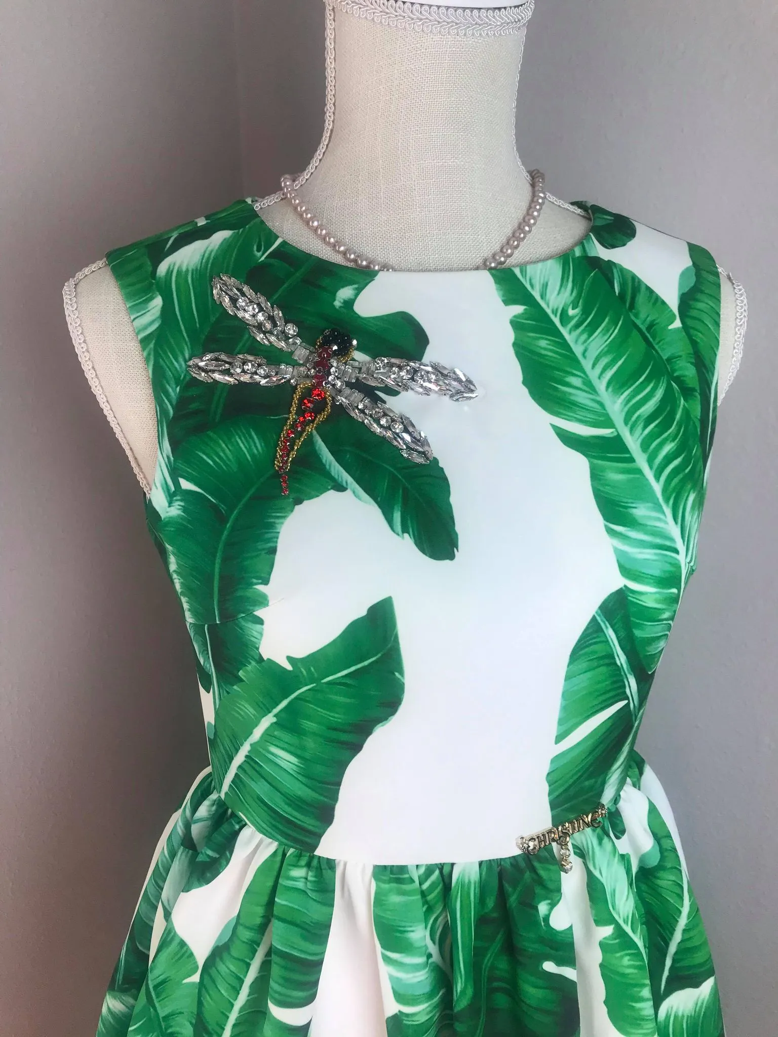 Audrey Dress in Banana Leaf Dragonfly gemstones brooch