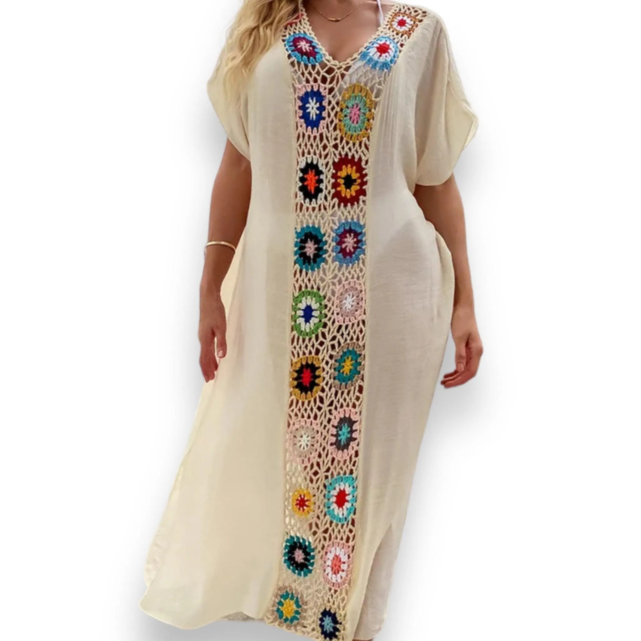 Beige Floral Crochet Maxi Kaftan Cover Up