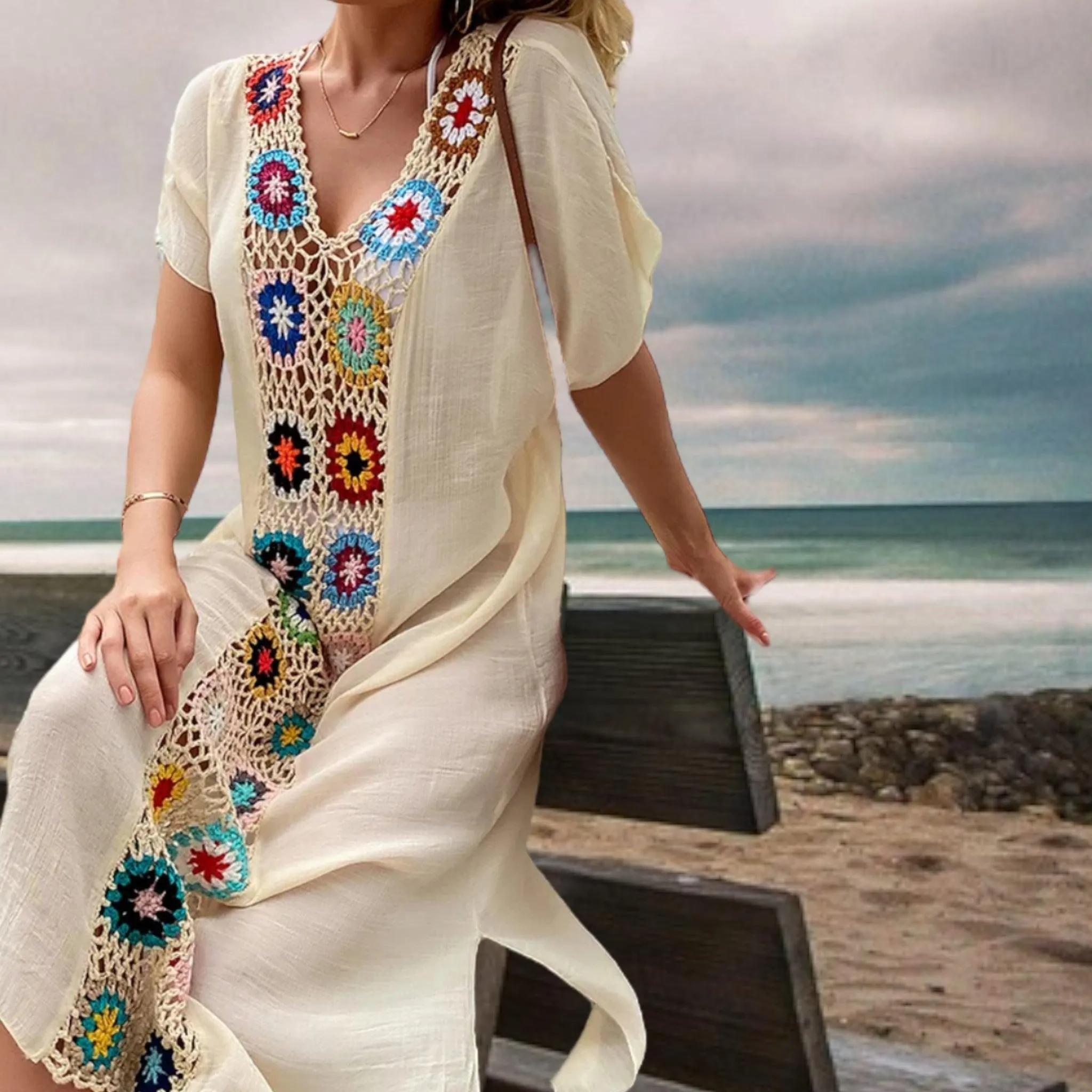 Beige Floral Crochet Maxi Kaftan Cover Up