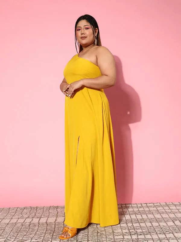 Berrylush Women Plus Size Solid Yellow One-Shoulder Neck Crepe Thigh-High Slit Flared Maxi Dress