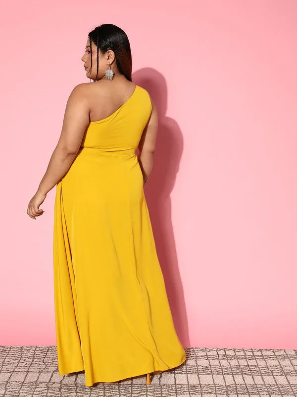 Berrylush Women Plus Size Solid Yellow One-Shoulder Neck Crepe Thigh-High Slit Flared Maxi Dress