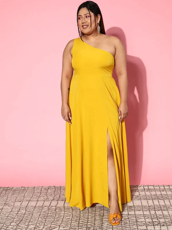 Berrylush Women Plus Size Solid Yellow One-Shoulder Neck Crepe Thigh-High Slit Flared Maxi Dress