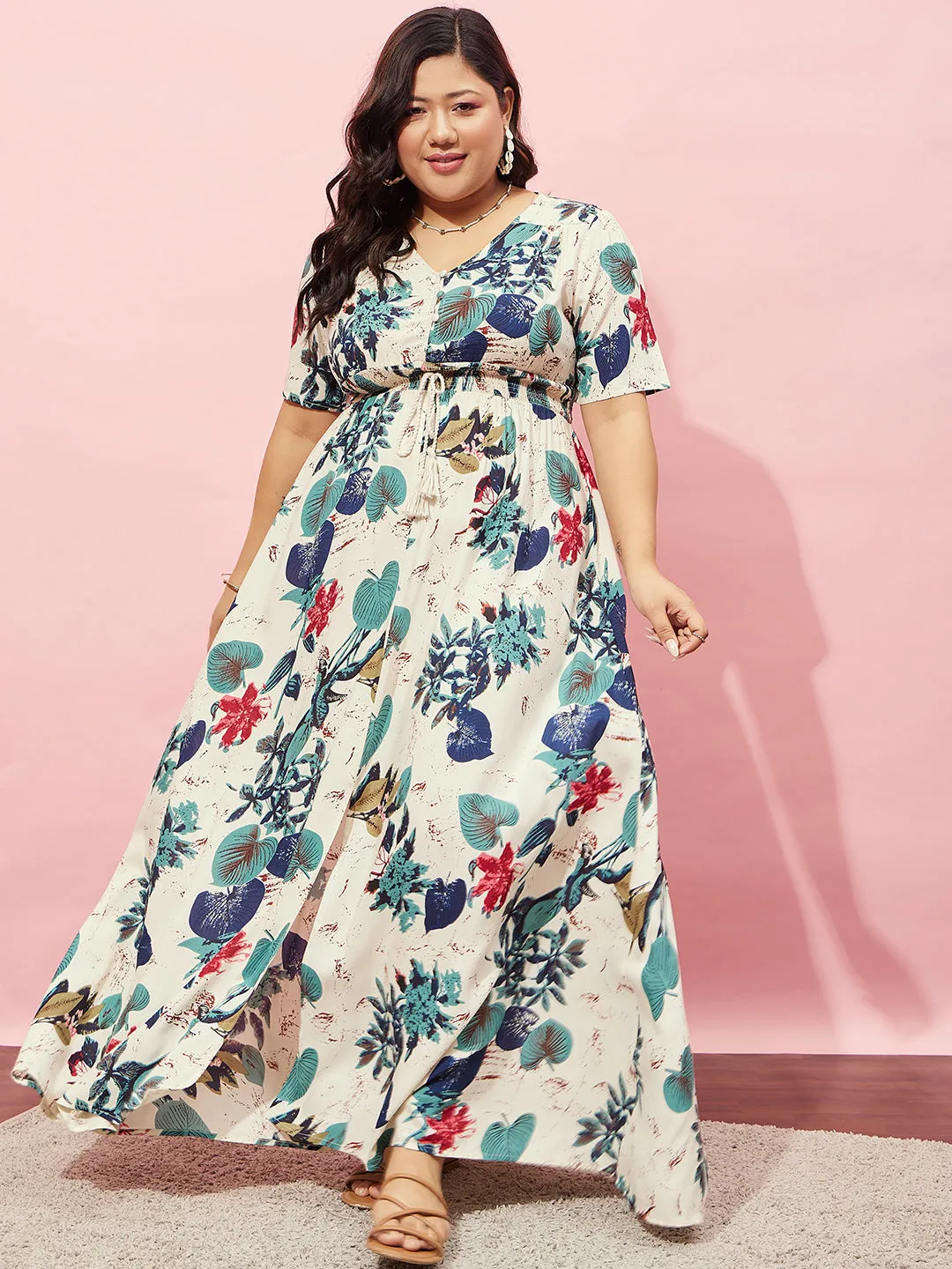 Berrylush Women Plus Size White & Multicolour Floral Printed V-Neck Straight Hem Thigh-High Slit Maxi Dress