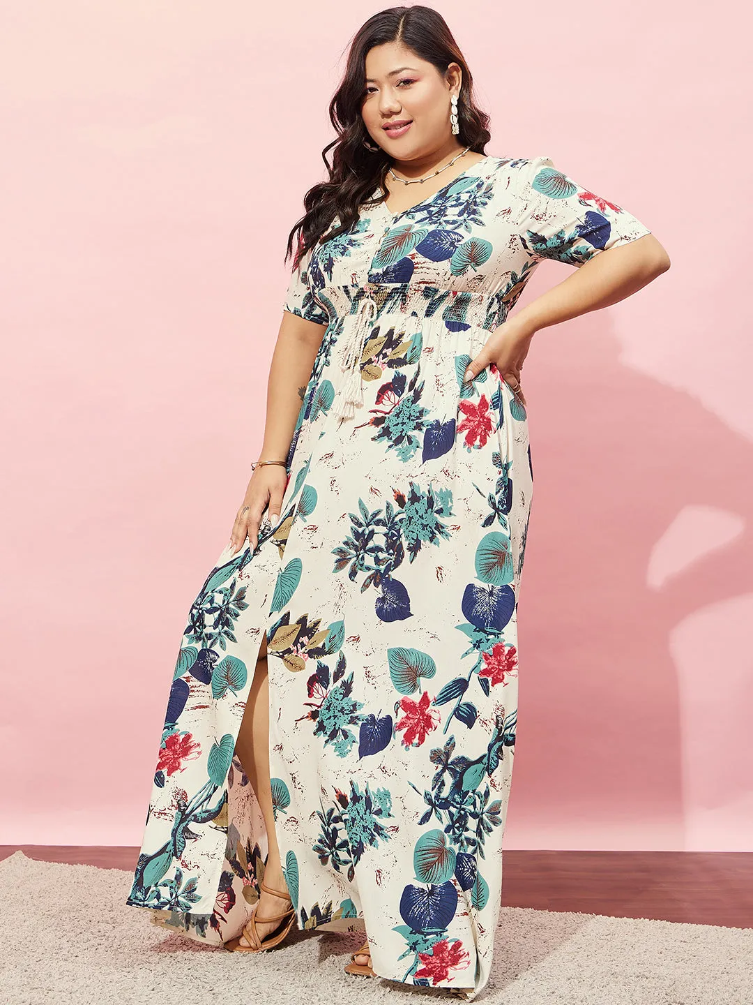 Berrylush Women Plus Size White & Multicolour Floral Printed V-Neck Straight Hem Thigh-High Slit Maxi Dress