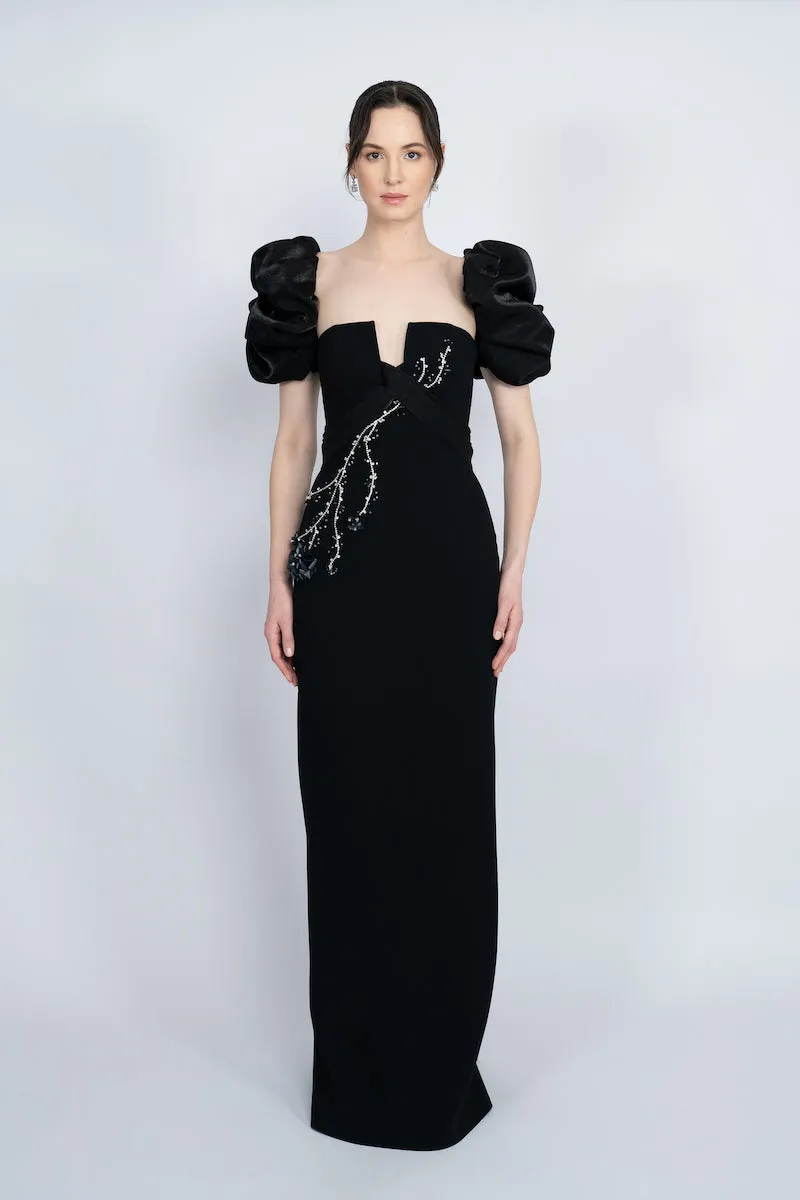 BLACK BALLOON SLEEVE LONG DRESS