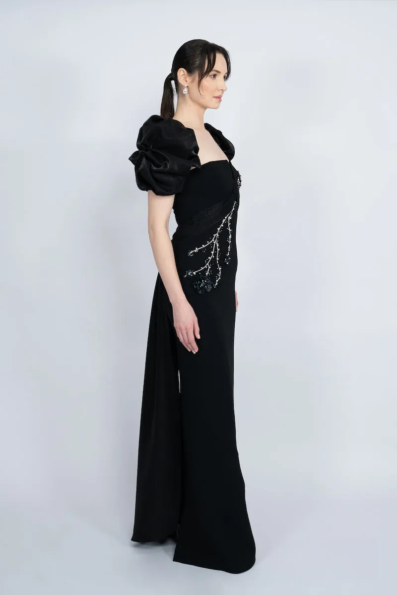 BLACK BALLOON SLEEVE LONG DRESS