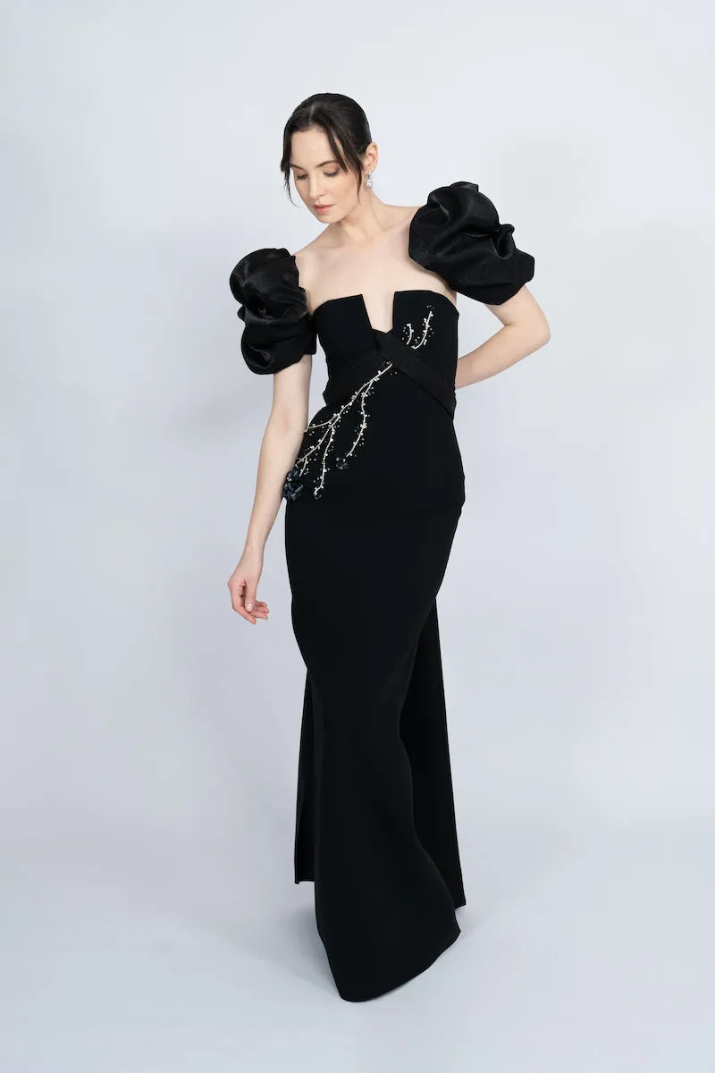 BLACK BALLOON SLEEVE LONG DRESS