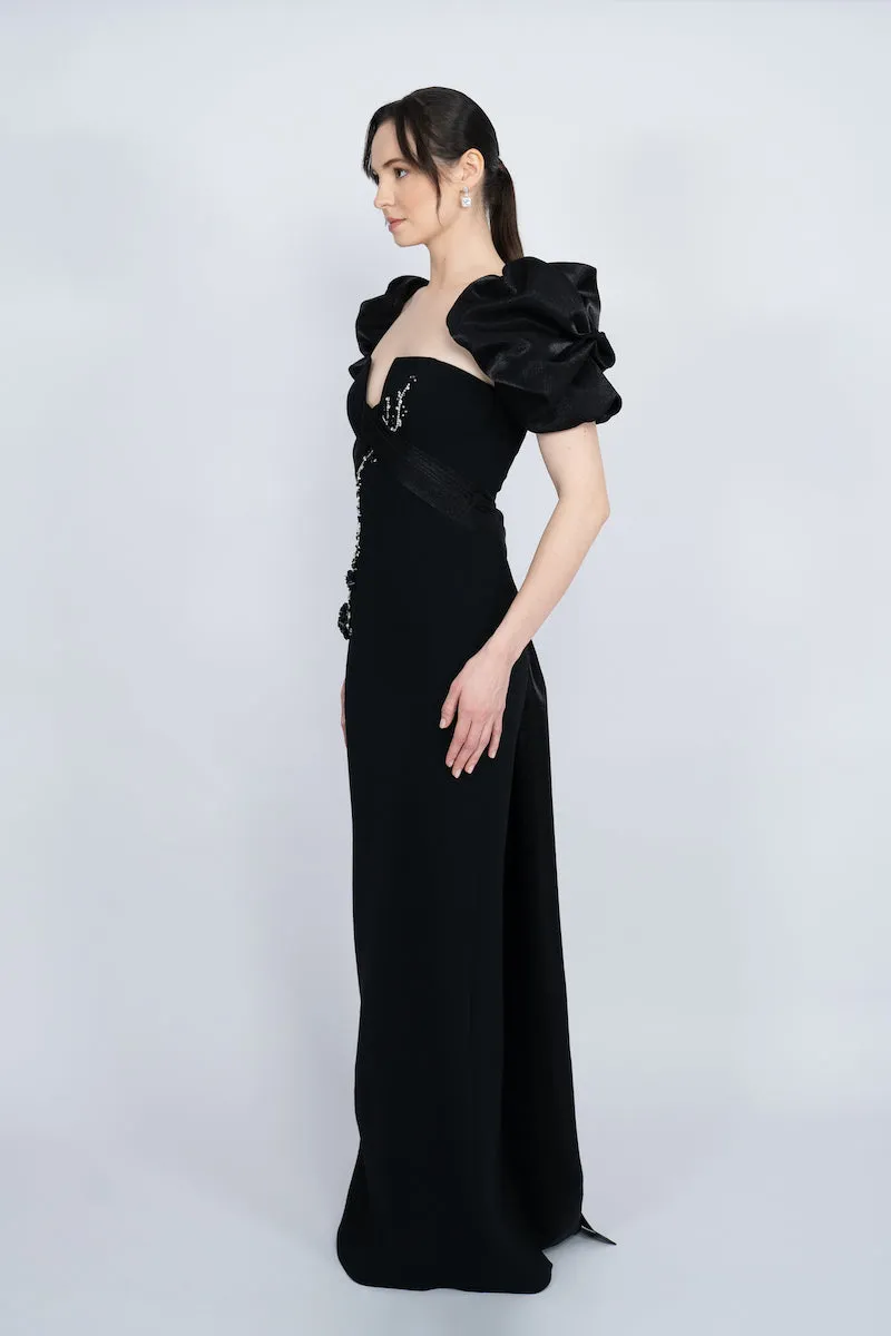 BLACK BALLOON SLEEVE LONG DRESS