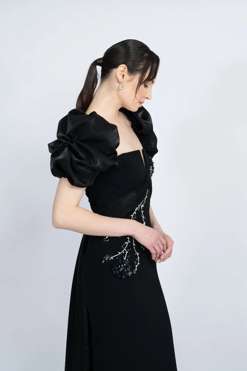 BLACK BALLOON SLEEVE LONG DRESS